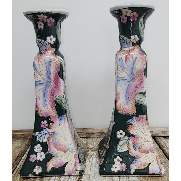 Vintage Chinoiserie Asian Candlestick Set of 2 Floral Green Pink 8 Inches Porcel - Picture 2 of 9